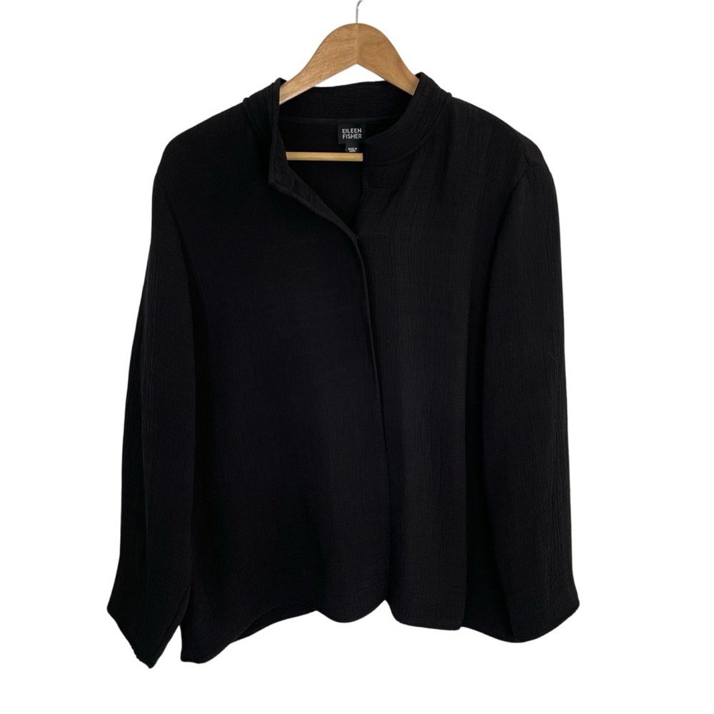 Eileen Fisher Black Rayon Silk Blend Textured Jacket With Snaps Size Large